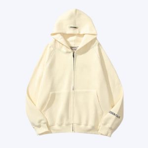 Essentials Reflective Print Zip up Oversized Cream Hoodie