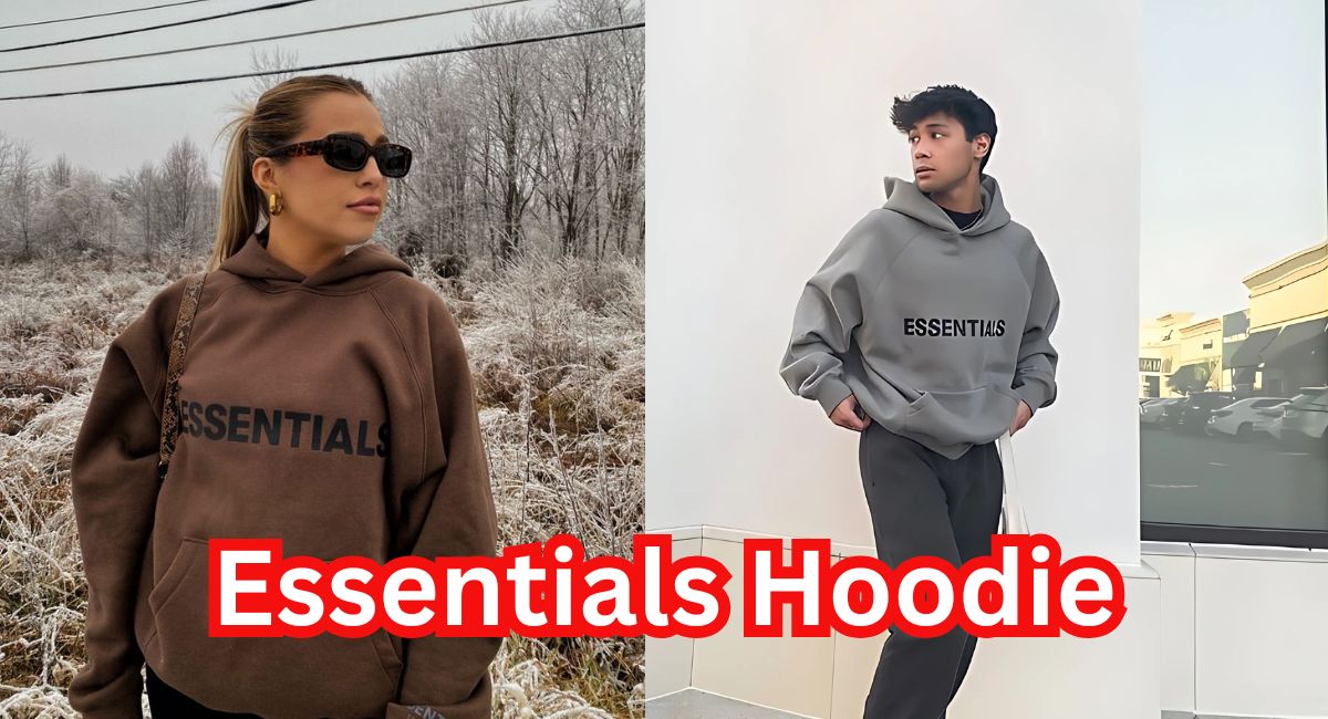Model wearing a grey Essentials hoodie as an everyday streetwear staple